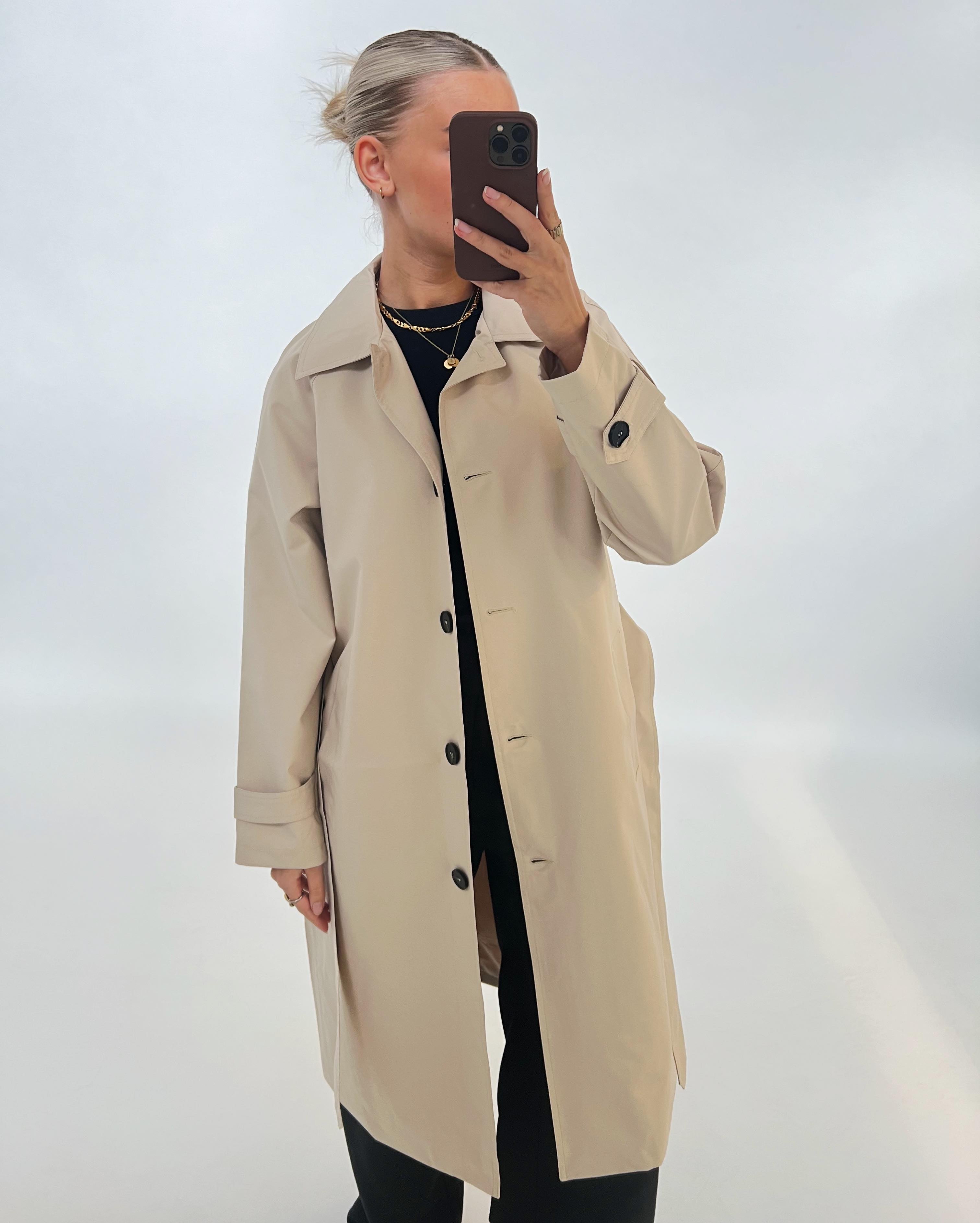En person iført en lysebeige frakke står i en minimalistisk, lys baggrund og tager et selfie med en smartphone, deres ansigt delvist dækket.
