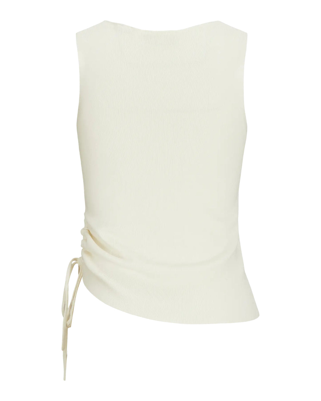 Ærmeløs, hvid top med asymmetrisk design. Snortrækning på nederste venstre side. Mod en neutral, hvid baggrund.