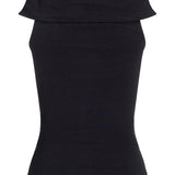 Sort, ærmeløs top står alene mod en hvid baggrund. Toppen har en foldet krave, der går rundt om halsen, der giver et stilfuldt og moderne udseende.