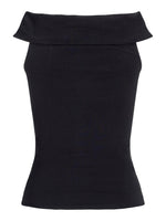 Sort, ærmeløs top står alene mod en hvid baggrund. Toppen har en foldet krave, der går rundt om halsen, der giver et stilfuldt og moderne udseende.