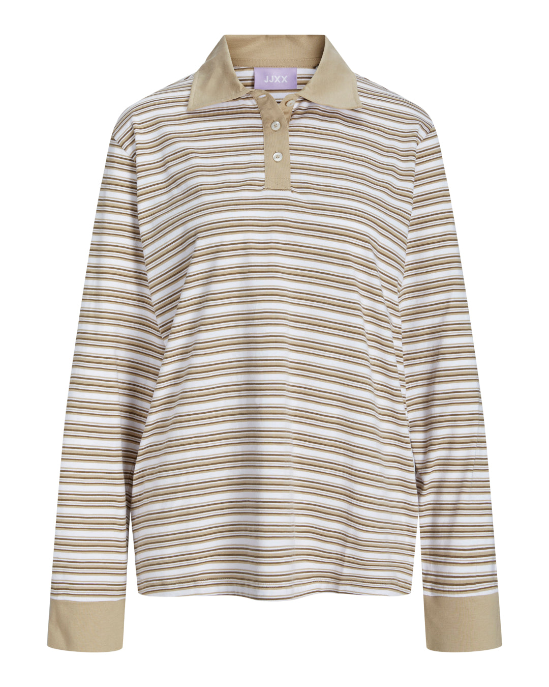 Polo-shirt med beige og hvide striber, langærmet og med knaplukning, hænger neutralt. Mærket "JJXX" ses i nakken.