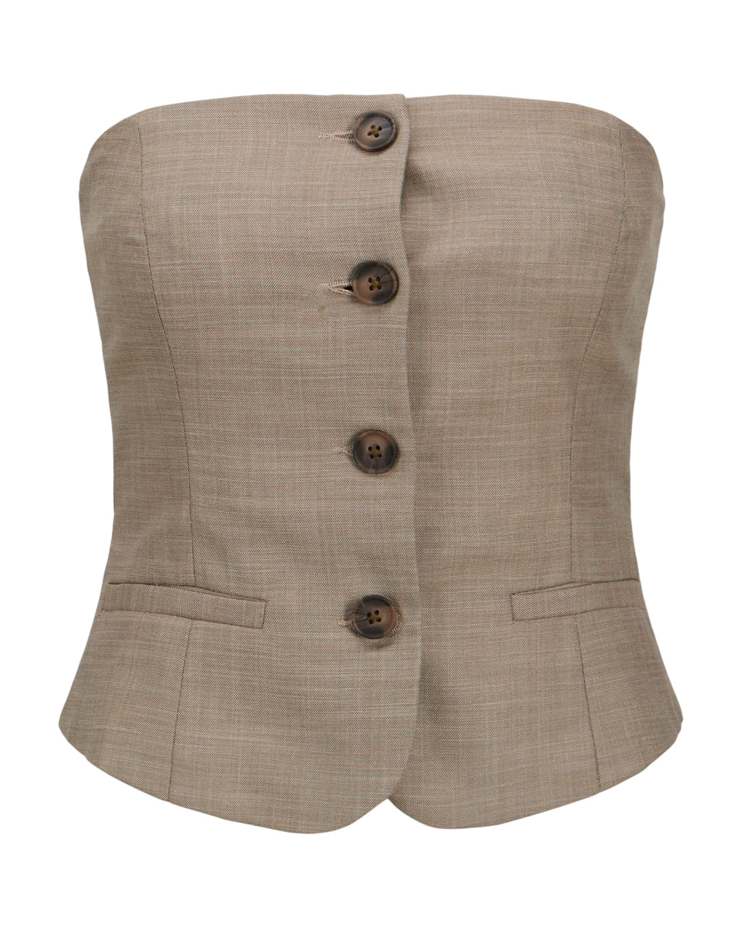 En stropløs beige vest med fire knapper foran, placeret mod en ensfarvet baggrund. Vesten har to lommer, der giver et klassisk og stilfuldt udtryk.