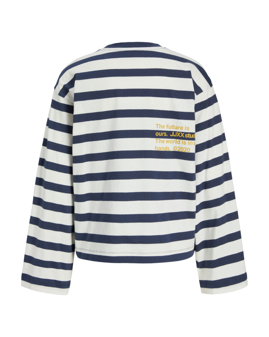Produktfoto af Lona bluse i hvid med navy striber. På hvid baggrund. Fra BySofieSønderby