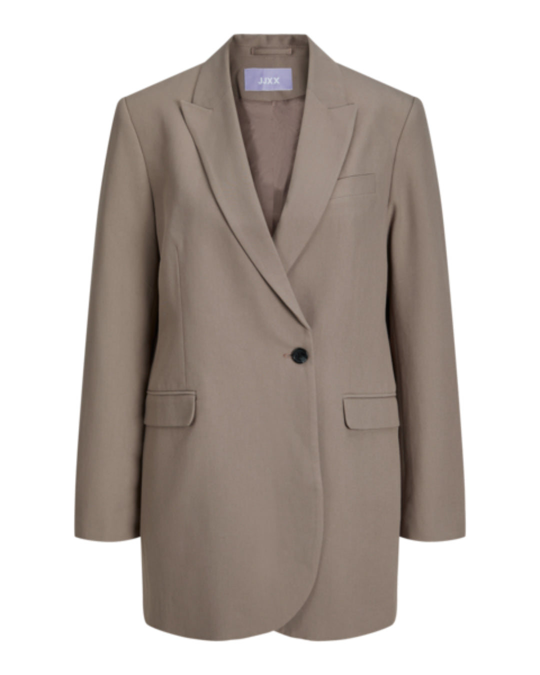 Blazer i beige farve med en enkelt sort knap, og to lommer foran; mærkat i nakken viser "JJXX". Den er uden forstyrrende baggrund, isoleret mod hvid.