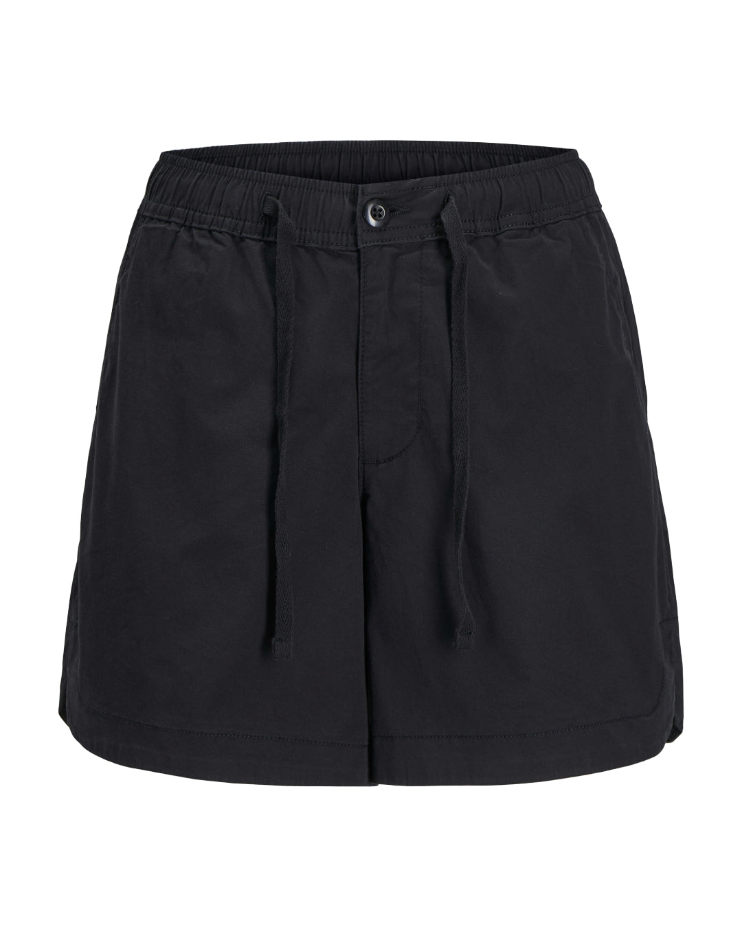 Sort par shorts med elastik i livet og snorelukning, placeret isoleret mod en hvid baggrund, uden yderligere kontekst eller tekst.