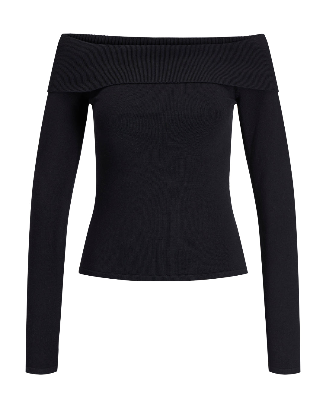 Sort, langærmet bluse uden skuldre, stillet mod en hvid baggrund. Blusen har en bred kant ved udskæringen og skaber et elegant, minimalistisk udtryk.