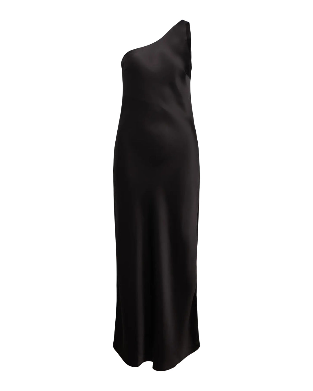 Sort, ærmeløs kjole i asymmetrisk design, hænger elegant, skaber en flydende silhuet på hvid baggrund. Stoffet ser glat og skinnende ud, uden ekstra detaljer eller udsmykninger.