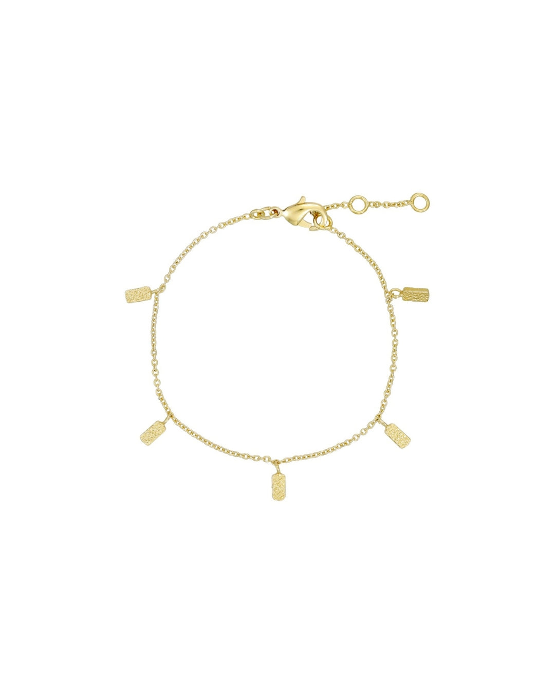 Et gyldent armbånd ligger på en hvid baggrund. Fem rektangulære vedhæng hænger fra den tynde kæde. Armbåndet har en karabinlås og en justerbar forlængerkæde.