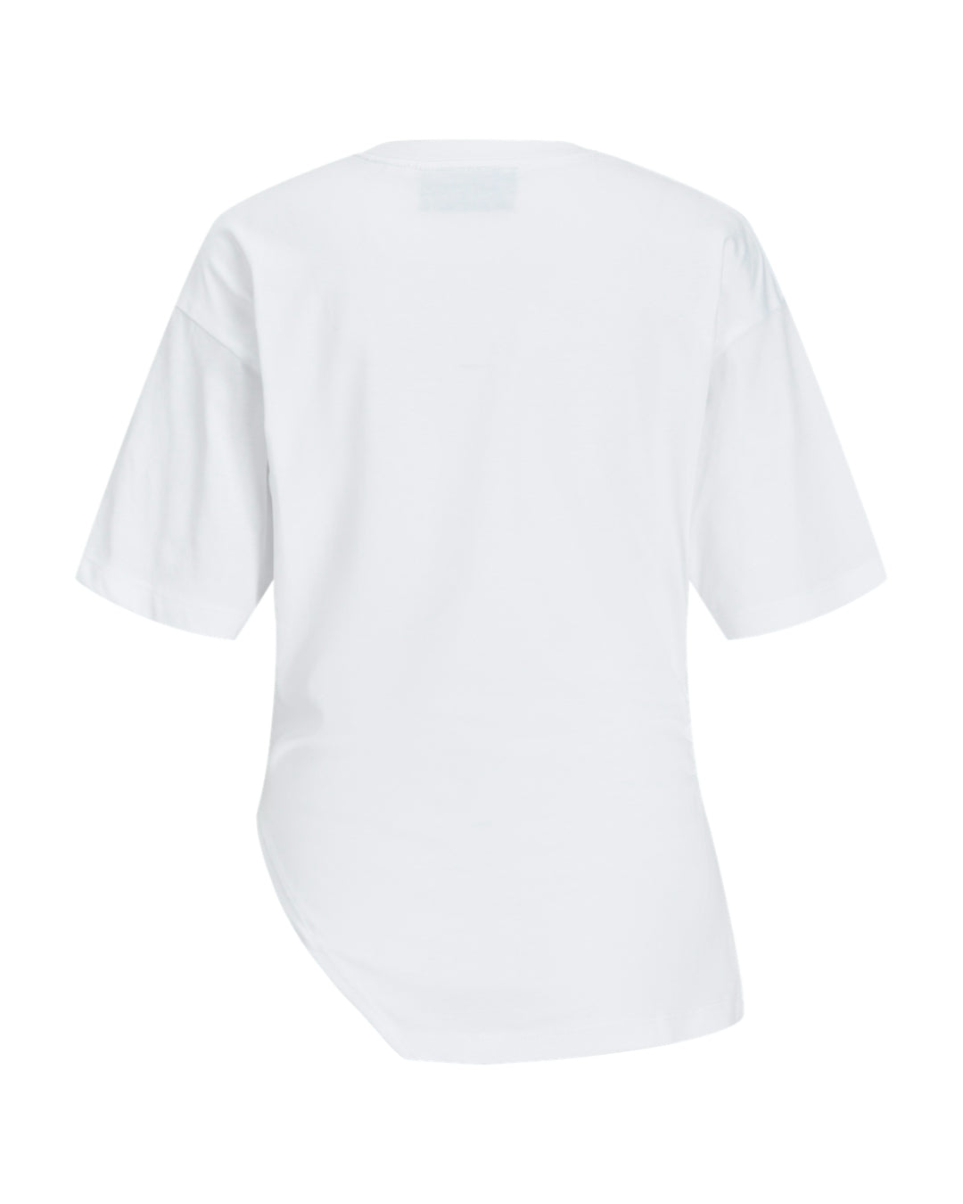 Hvid T-shirt vises fra bagsiden; neutral position uden tekst eller grafik; placeret mod en enkel, hvid baggrund.