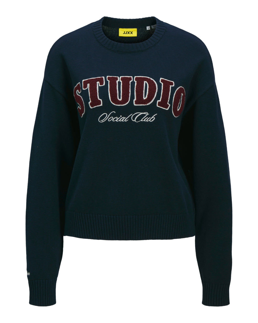 Produktbillede af navy BROOK sweatshirt med påsyet detaljer. Set forfra. BySofieSønderby