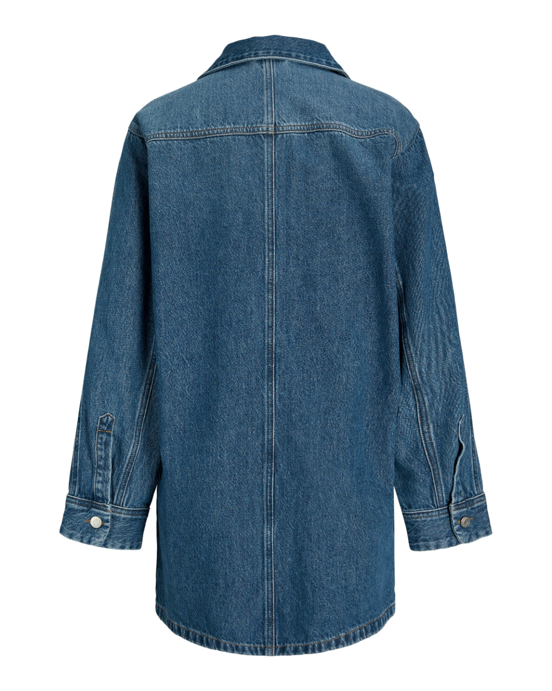 Produktbillede af blå CANA denim kjole. Set bagfra. BySofieSønderby.