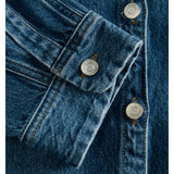 Detaljebillede af blå CANA denim kjole. BySofieSønderby.