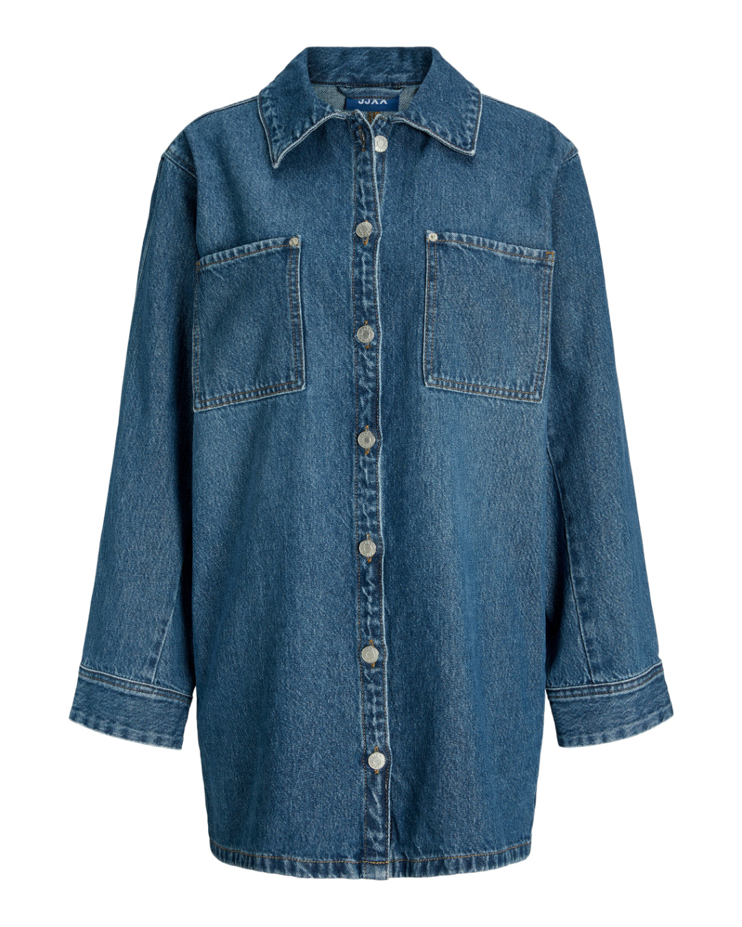 Produktbillede af blå CANA denim kjole. Set forfra. BySofieSønderby.