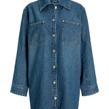 Produktbillede af blå CANA denim kjole. Set forfra. BySofieSønderby.