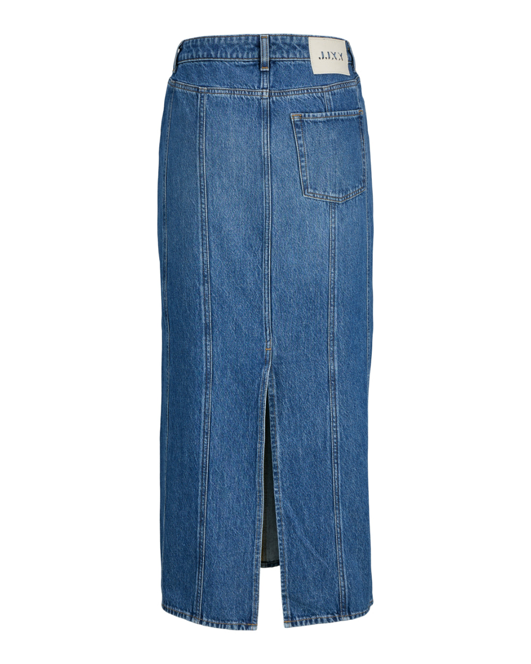 Produktfoto af en blå CANA nederdel i denim set bagfra. Bagrund er hvid. Fra BySofieSønderby