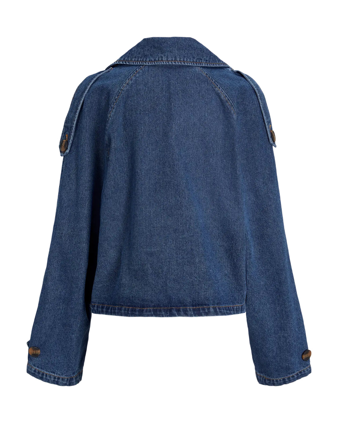 Denimjakke med lange ærmer og knapdetaljer på skuldre og manchetter ses bagfra, uden nogen baggrund. Farven er mørkeblå, og materialet er typisk for denimstof.