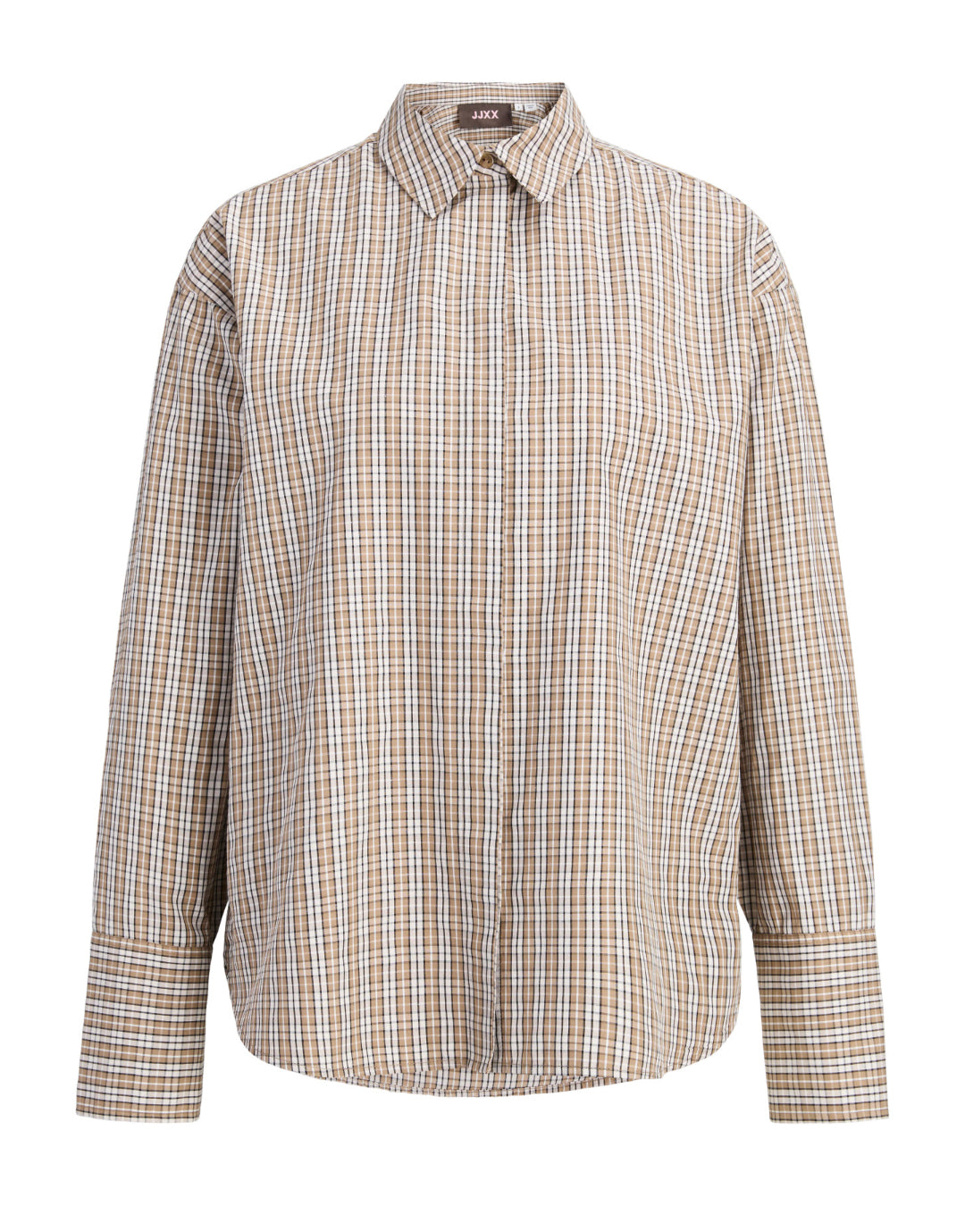 Produktbillede af beige/hvid ternet CARO skjorte. Set forfra. Fra BySofieSønderby