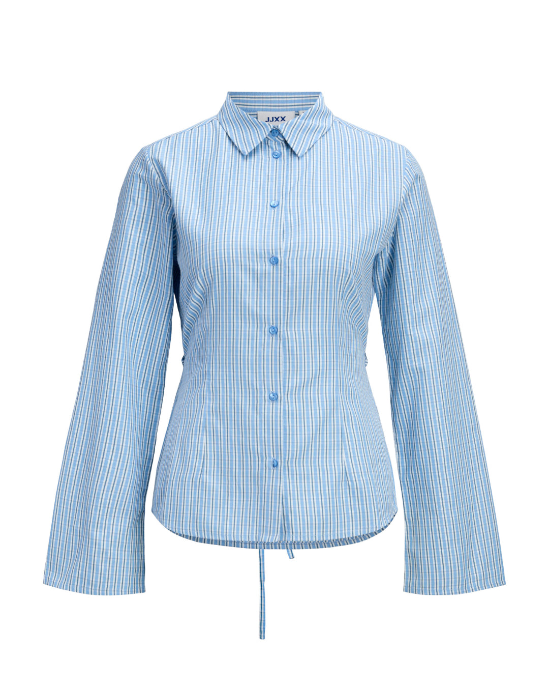 Produktbillede af blå CARO skjorte med bæltedetalje. Set forfra. Fra BySofieSønderby