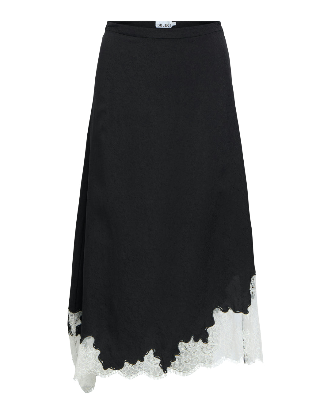 Produktbillede af sort DALME nederdel med hvide blonder. Set forfra. Fra BySofieSønderby