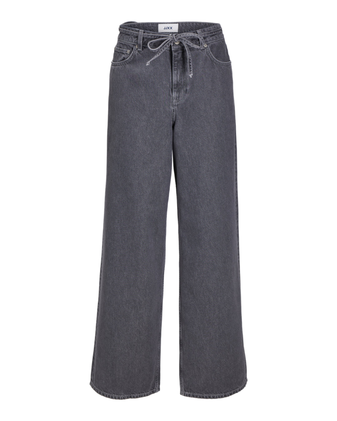 Grå jeans med vide ben og snøre i taljen, mærket "JJXX" synligt indvendigt, placeret mod en hvid baggrund.
