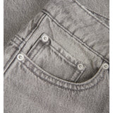 Grå jeanslomme med synlige sømme og metalknapper, placeret mod en baggrund af denimstof i samme farve og tekstur.