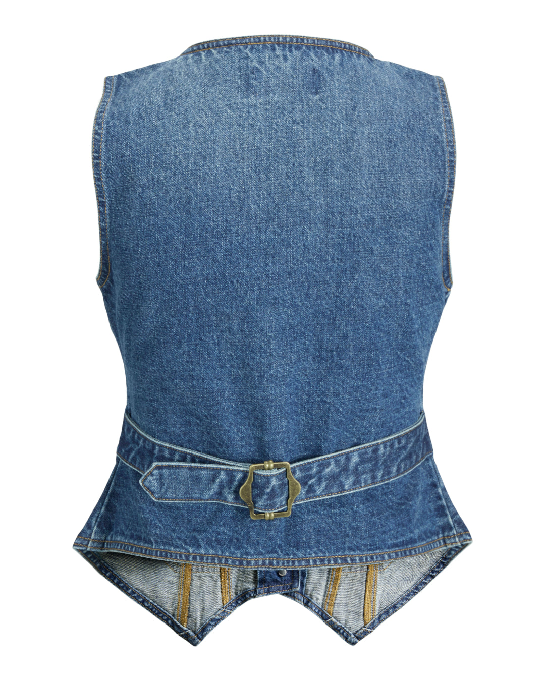 Produktbillede af blå denim FAIZA vest. Set bagfra. BySofieSønderby.