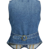 Produktbillede af blå denim FAIZA vest. Set bagfra. BySofieSønderby.