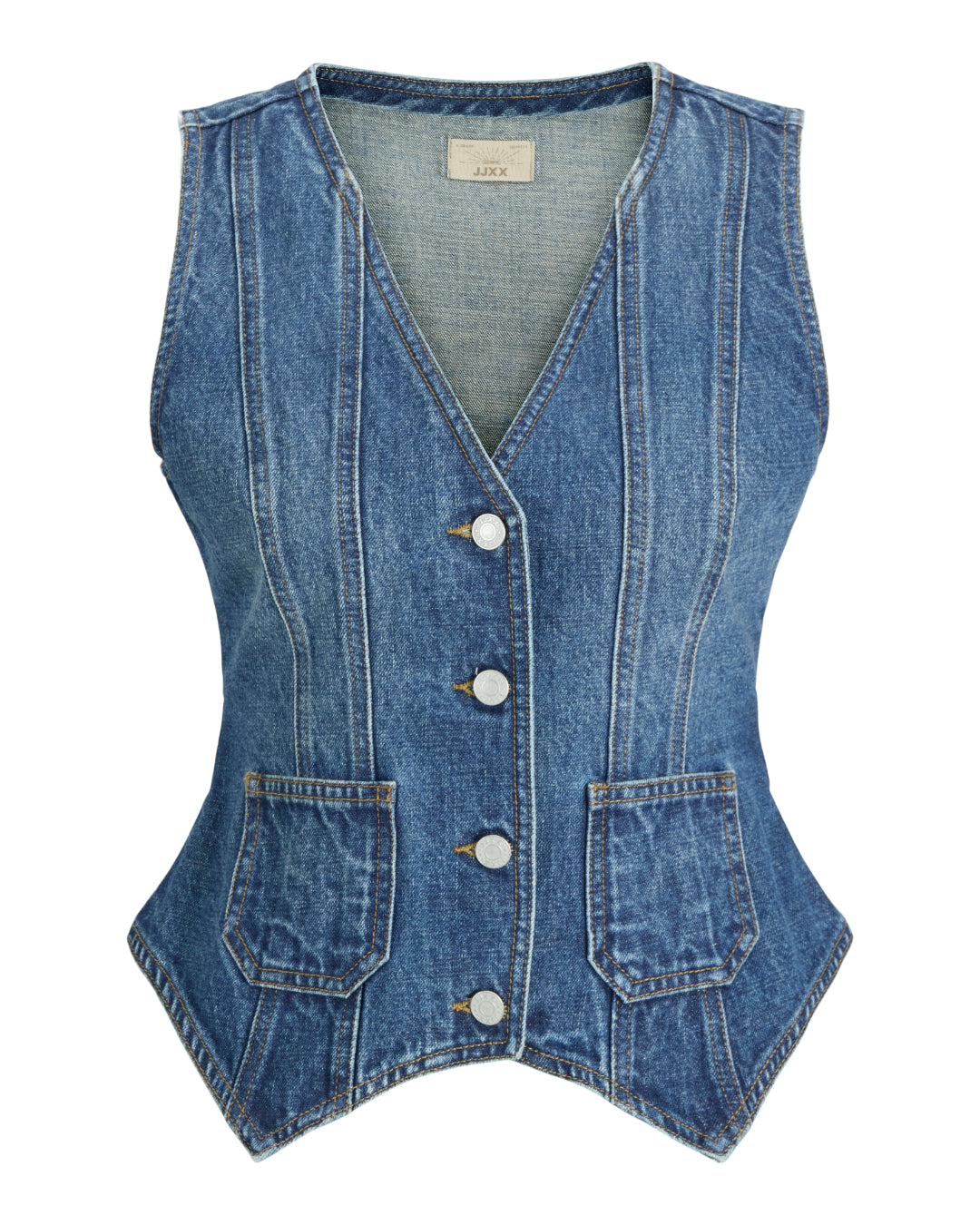 Produktbillede af blå denim FAIZA vest. Set forfra. BySofieSønderby.