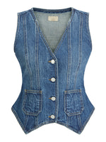 Produktbillede af blå denim FAIZA vest. Set forfra. BySofieSønderby.