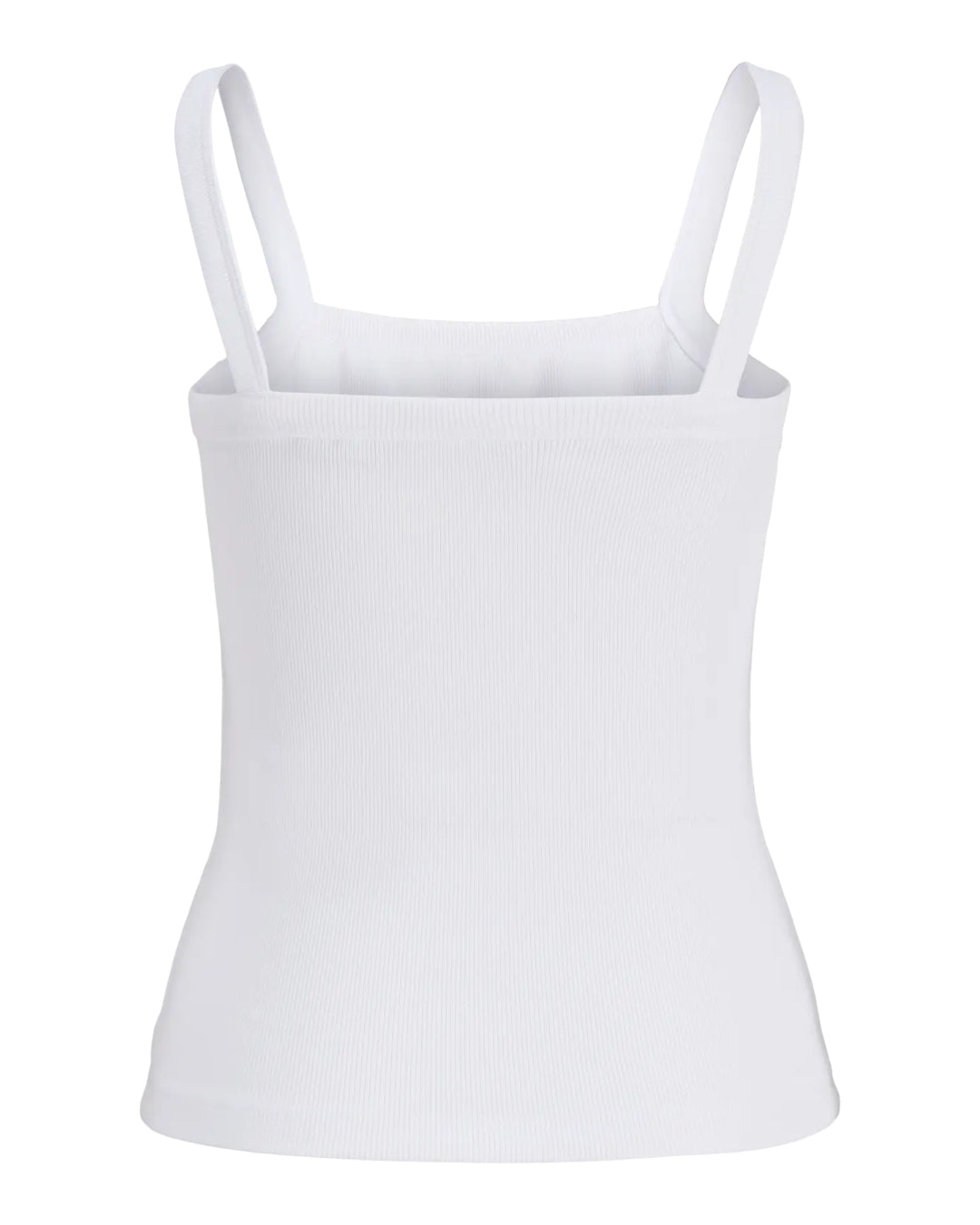 Hvid top med tynde stropper. Toppen er enkel og strømlinet, placeret på en ensfarvet baggrund, hvilket fremhæver dens minimalistiske design.