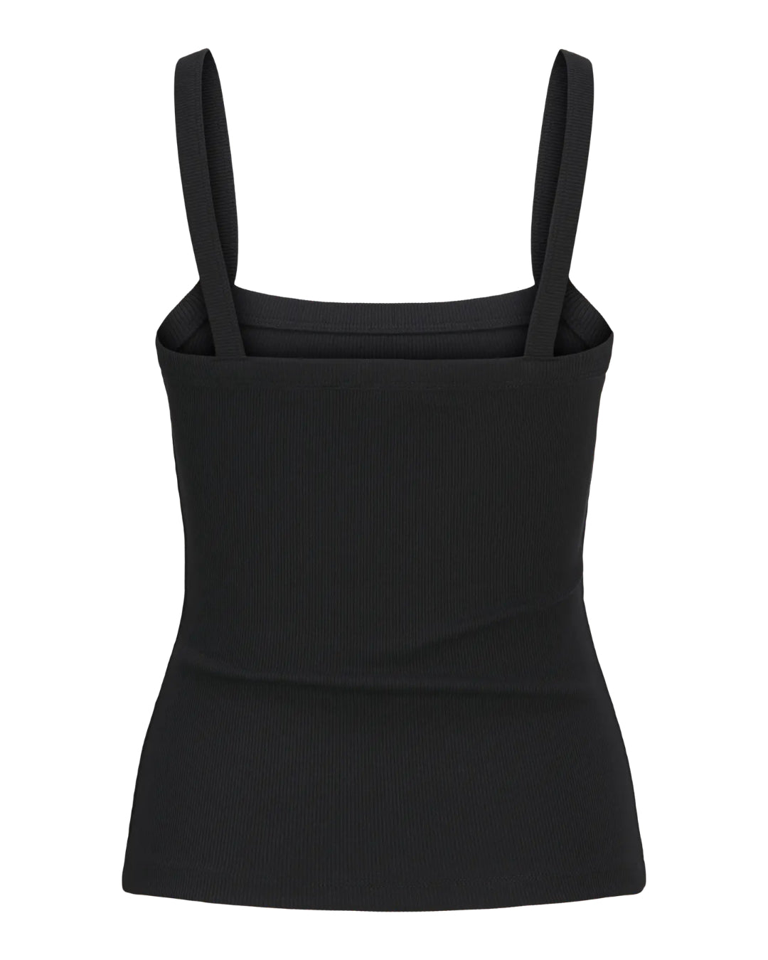 Sort ribstrikket tanktop med brede stropper, uden mønster eller dekorationer. Placeret mod en neutral hvid baggrund, hvilket fremhæver tøjets enkle og stilfulde design.