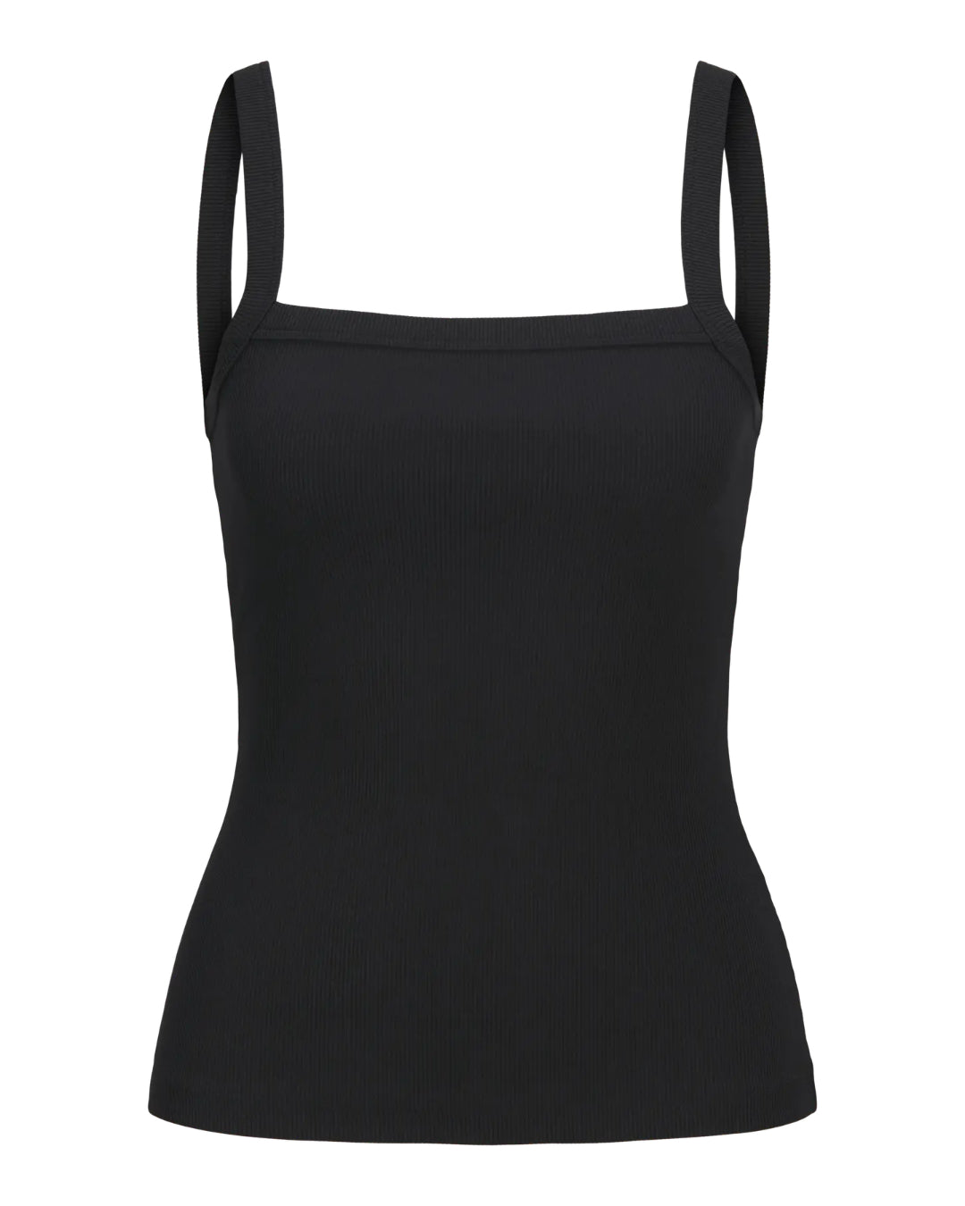 Sort tanktop med tynde stropper, uden dekoration, på hvid baggrund.