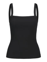 Sort tanktop med tynde stropper, uden dekoration, på hvid baggrund.