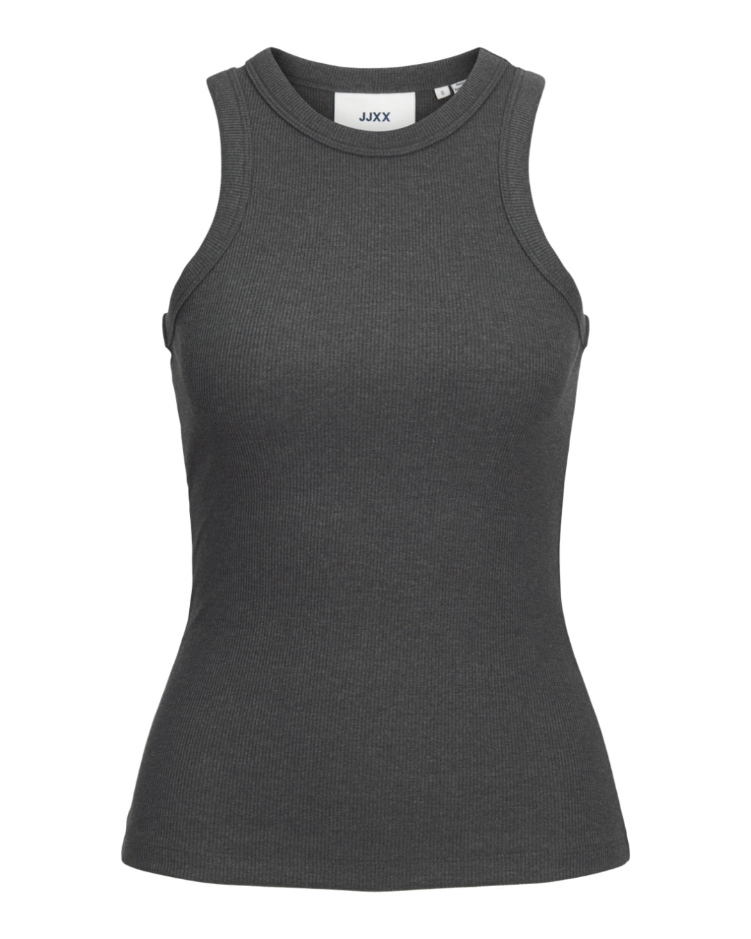 En grå, ærmeløs tanktop står udstillet mod en simpel, hvid baggrund. Mærket "JJXX" er trykt på indersiden af kraven.