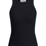 Sort tanktop uden ærmer står stilfuldt under belysning; mærket "JJXX" vises på en hvid etiket.