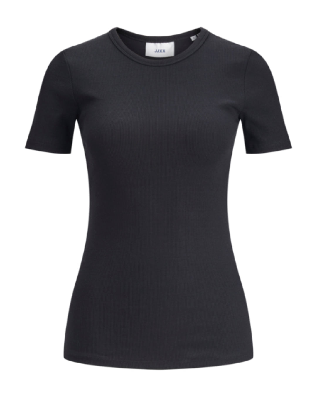 Sort t-shirt med korte ærmer og rund halsudskæring, hængende frit mod en hvid baggrund. Etiketten viser teksten "JJXX."