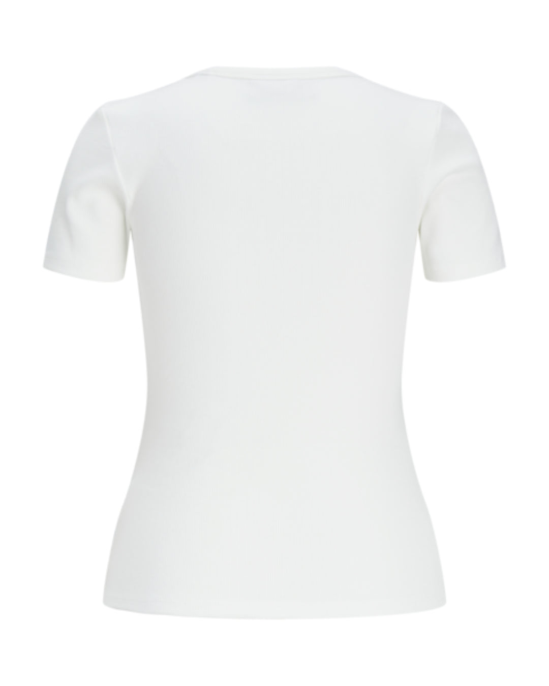 Hvid T-shirt uden tekst vises bagfra på en neutral baggrund. Stoffet ser blødt og strækbart ud, med korte ærmer og en rund halsudskæring.