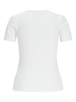 Hvid T-shirt uden tekst vises bagfra på en neutral baggrund. Stoffet ser blødt og strækbart ud, med korte ærmer og en rund halsudskæring.