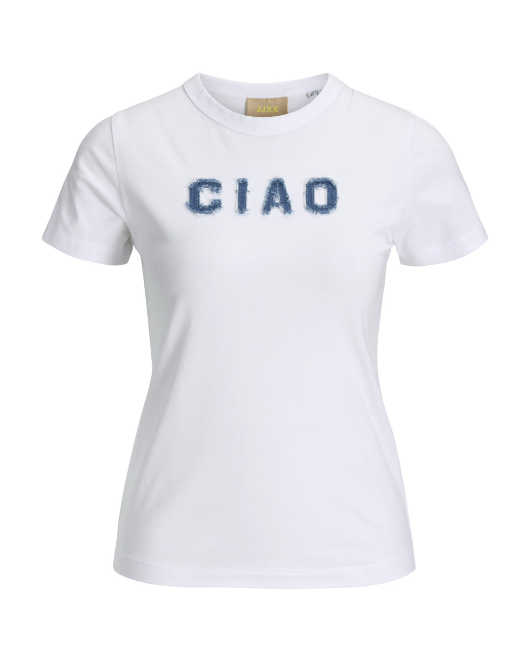 Produktfoto af hvid Gigi t-shirt med denimblå Ciao bogstaver. På hvid baggrund. Fra BySofieSønderby