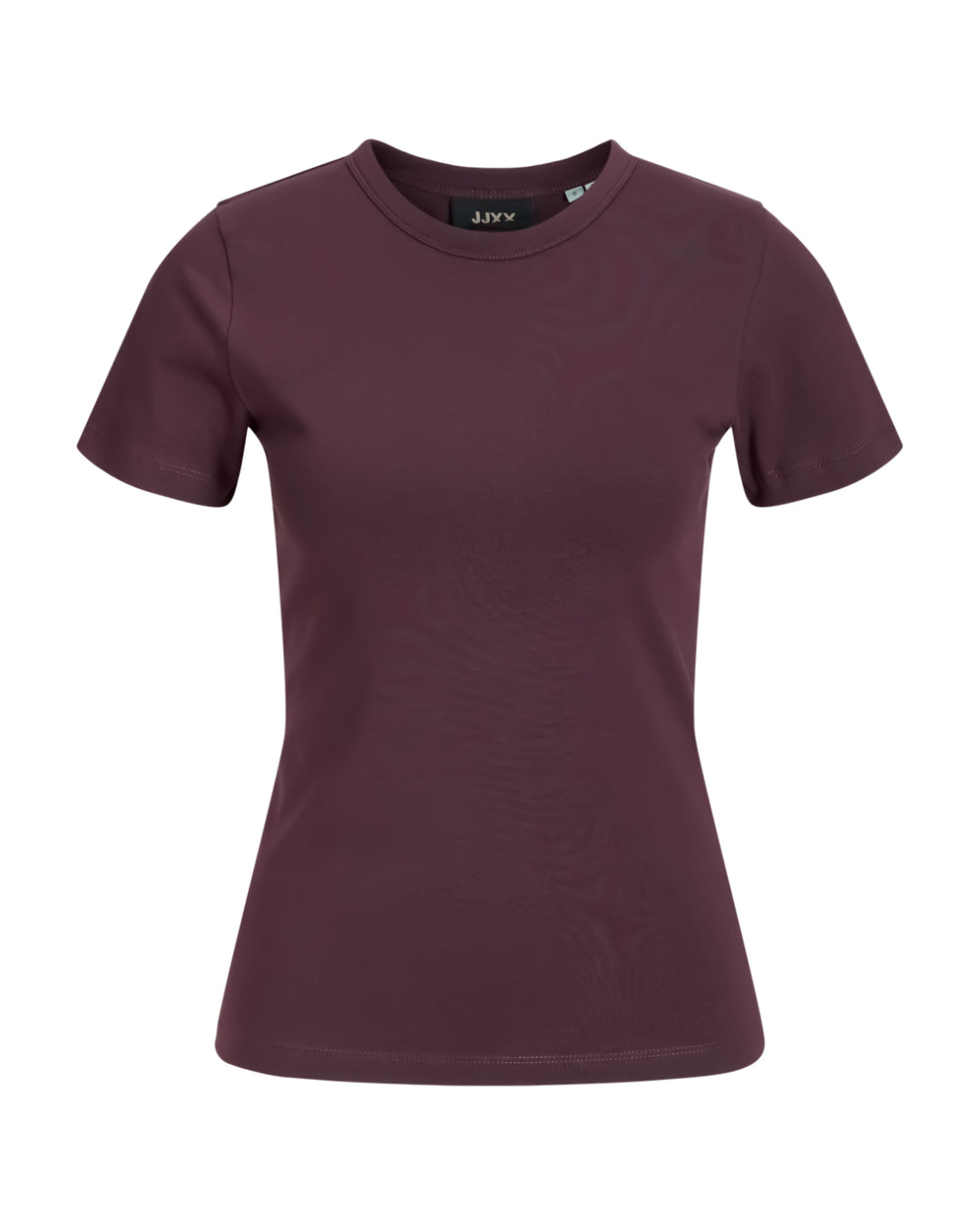 T-shirt i dyb bordeauxfarve uden mønster, præsenteret på en hvid baggrund. Mærket indeni angiver "JJXX".