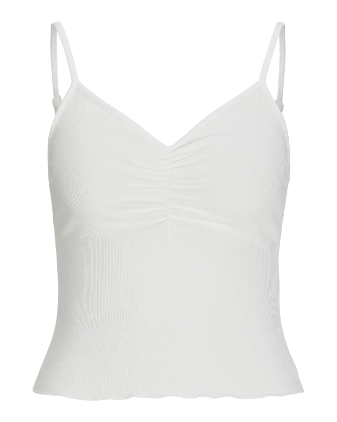 En hvid tanktop med tynde stropper og rynket detalje ved brystet, præsenteret på en neutral baggrund.