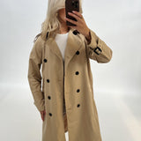 En person iført en beige trenchcoat tager en selfie med en smartphone. Personen står i et lys oplyst rum med en hvid baggrund, iført en hvid trøje under frakken.