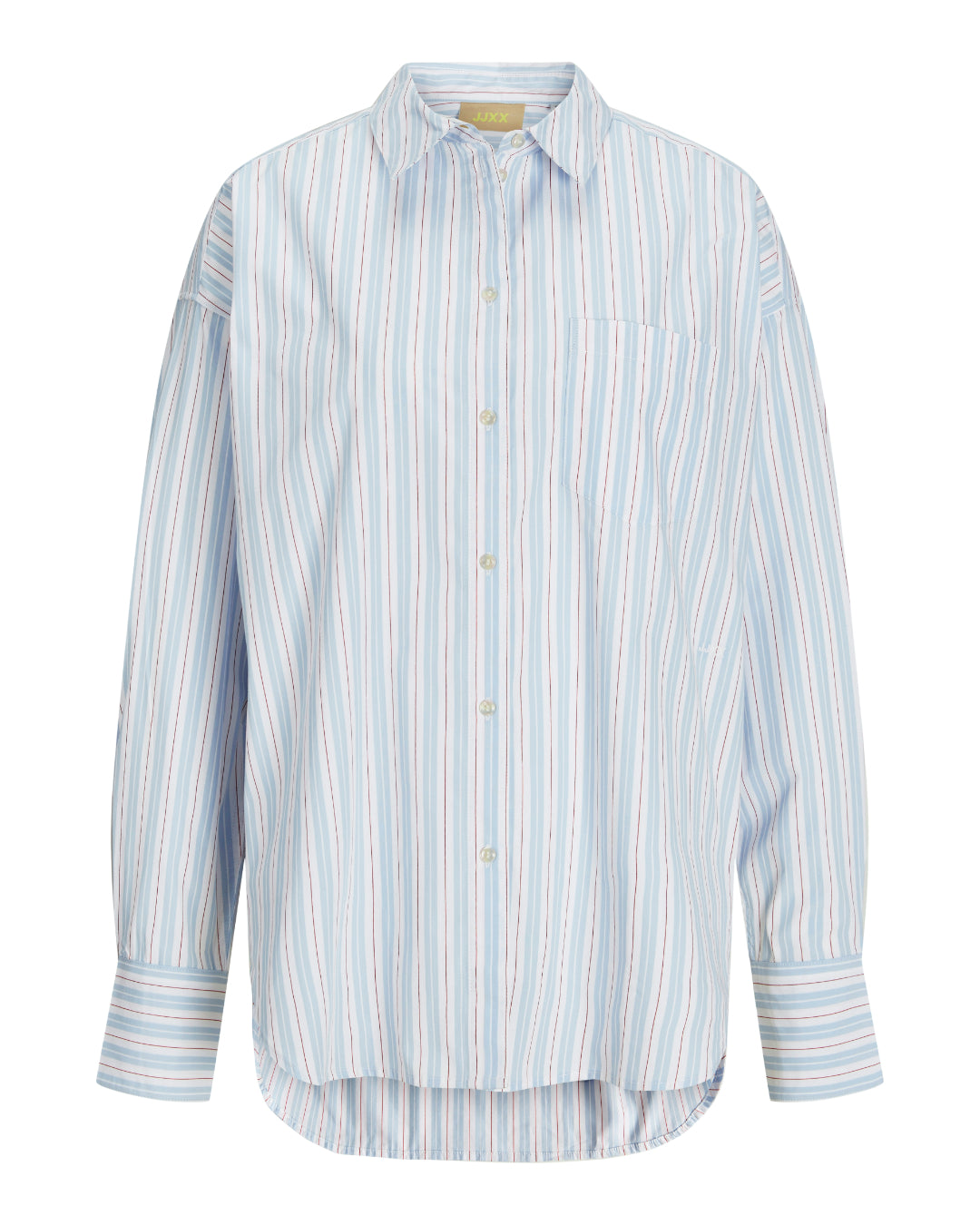 Skjorte, langærmet, med lyseblå og hvide striber, hænger frit. "JACK & JONES JJXX" mærkat ved kraven, ses foran, uden ekstra elementer eller baggrundsdetaljer.