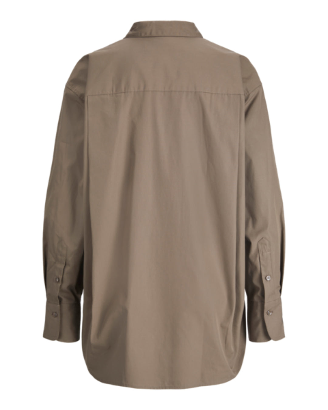 Skjorte med lange ærmer og knapper ved manchetterne, i en neutral beige farve. Set bagfra, uden synlige dekorationer, hænger løst i en hvid baggrundskontekst.
