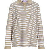 Polo-shirt med beige og hvide striber, langærmet og med knaplukning, hænger neutralt. Mærket "JJXX" ses i nakken.