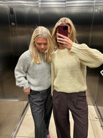 To personer i striktrøjer står i en elevator med et spejl. Den ene tager et selfie med en smartphone. Elevatorens blanke metalvægge og flisegulv ses omkring dem.