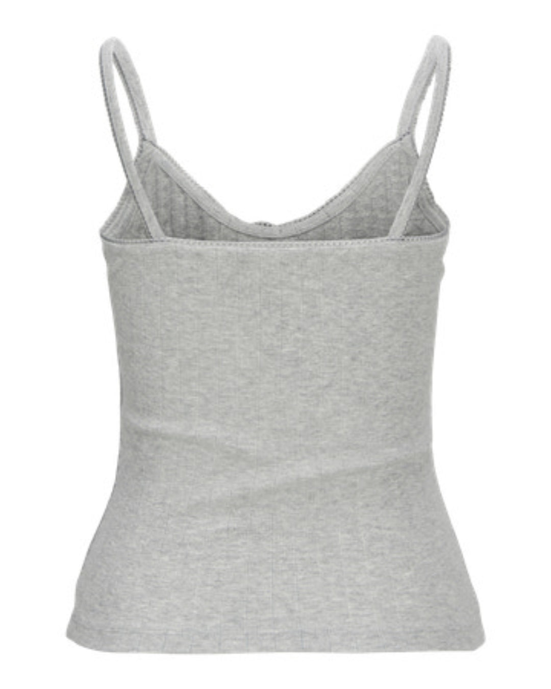 Grå tanktop med tynde stropper, set forfra, uden mønster eller tekst, mod en hvid baggrund.