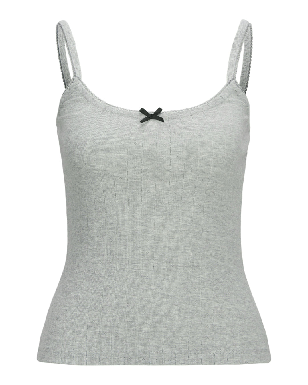 Grå tanktop med stropper og en sort sløjfe foran. Baggrunden er hvid, hvilket giver fokus på selve toppen.