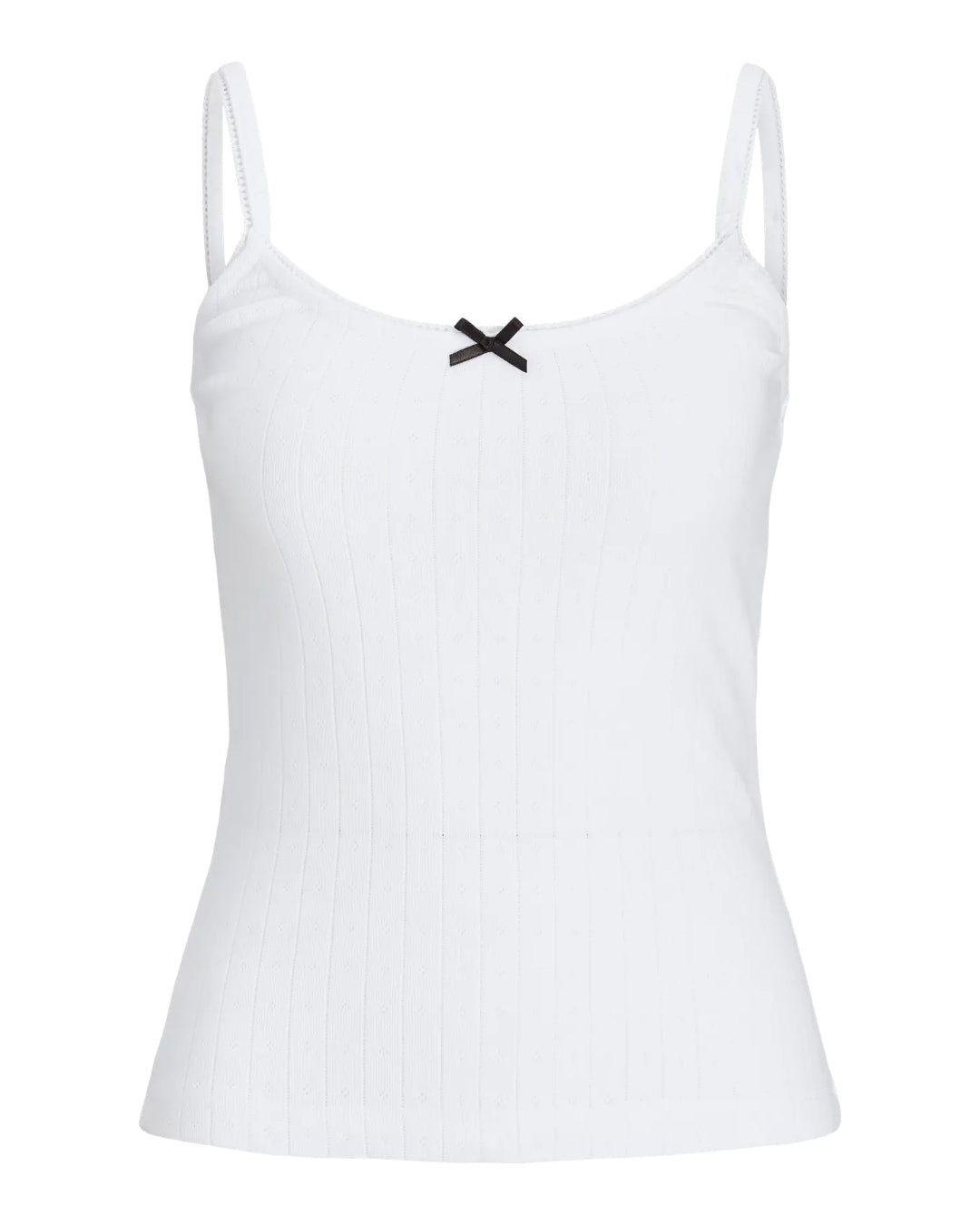 Hvid tanktop med tynde stropper; sort sløjfe på forsiden; står i en hvid baggrund, ingen tekst.