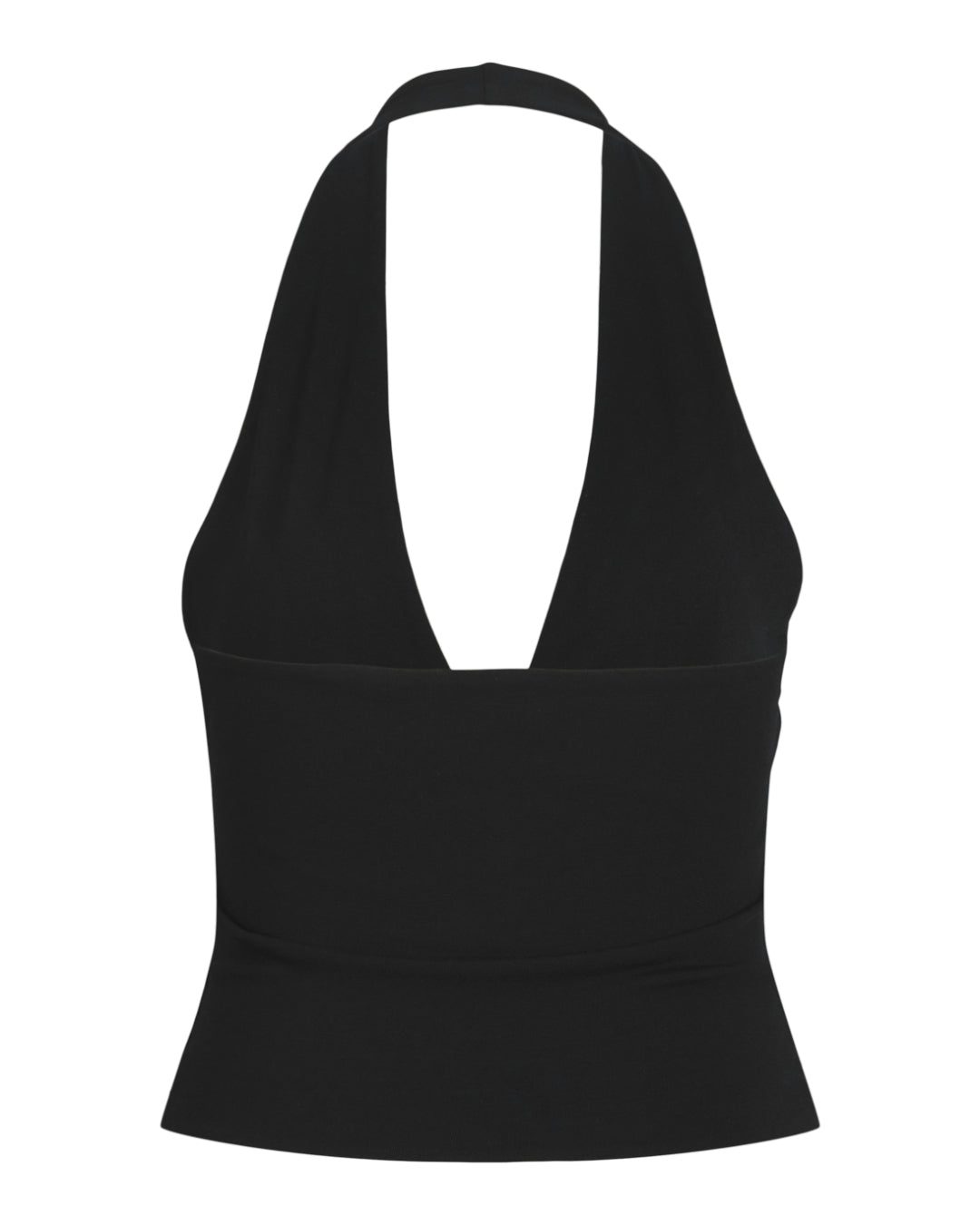 Sort halterneck-top med dyb V-udskæring, hænger stille mod en ren, hvid baggrund og fremhæver enkeltheden og elegance af designet.